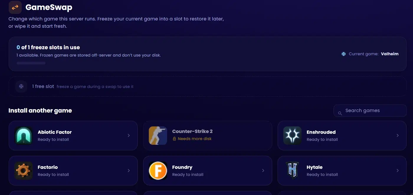 The GameSwap screen with Valheim as the current game and one free freeze slot