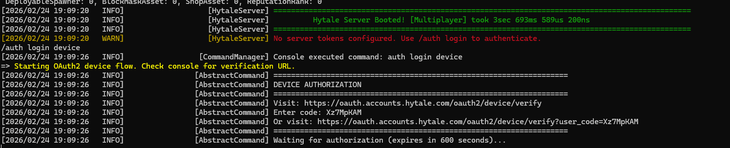 Hytale server first boot showing the auth login device flow