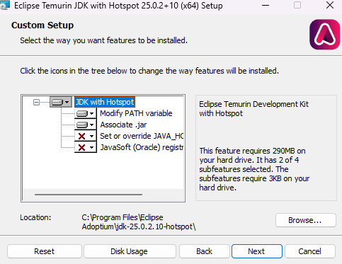 Adoptium JDK 25 installer showing default Custom Setup options