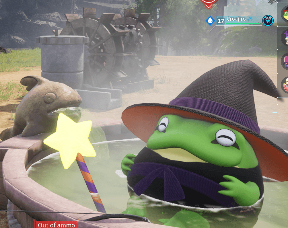 Croajiro, a frog Pal in a witch hat, lounging in a hot spring on a Palworld server