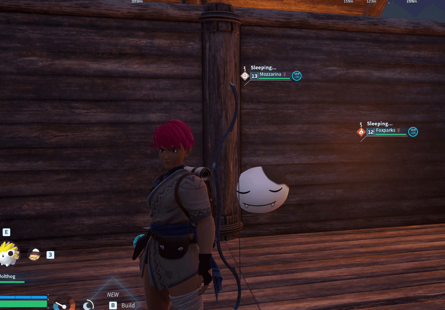 A Mozzarina Pal clipping halfway through a wooden wall on a Palworld base