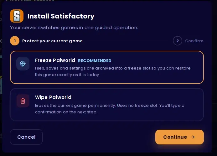 The GameSwap dialog in the Nitro Panel, offering to freeze the current game into a free freeze slot before installing the new one