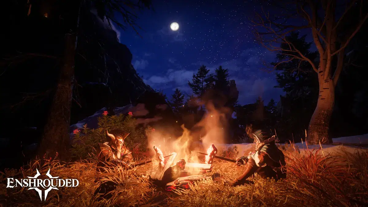 Two players resting at a campfire under a full moon and a clear, starry sky in Enshrouded.