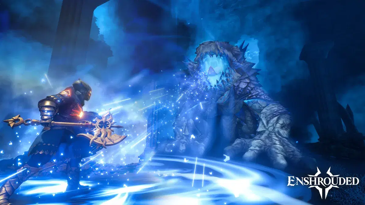 A warrior in dark armor braces against a towering Shroud creature wreathed in blue energy in Enshrouded.