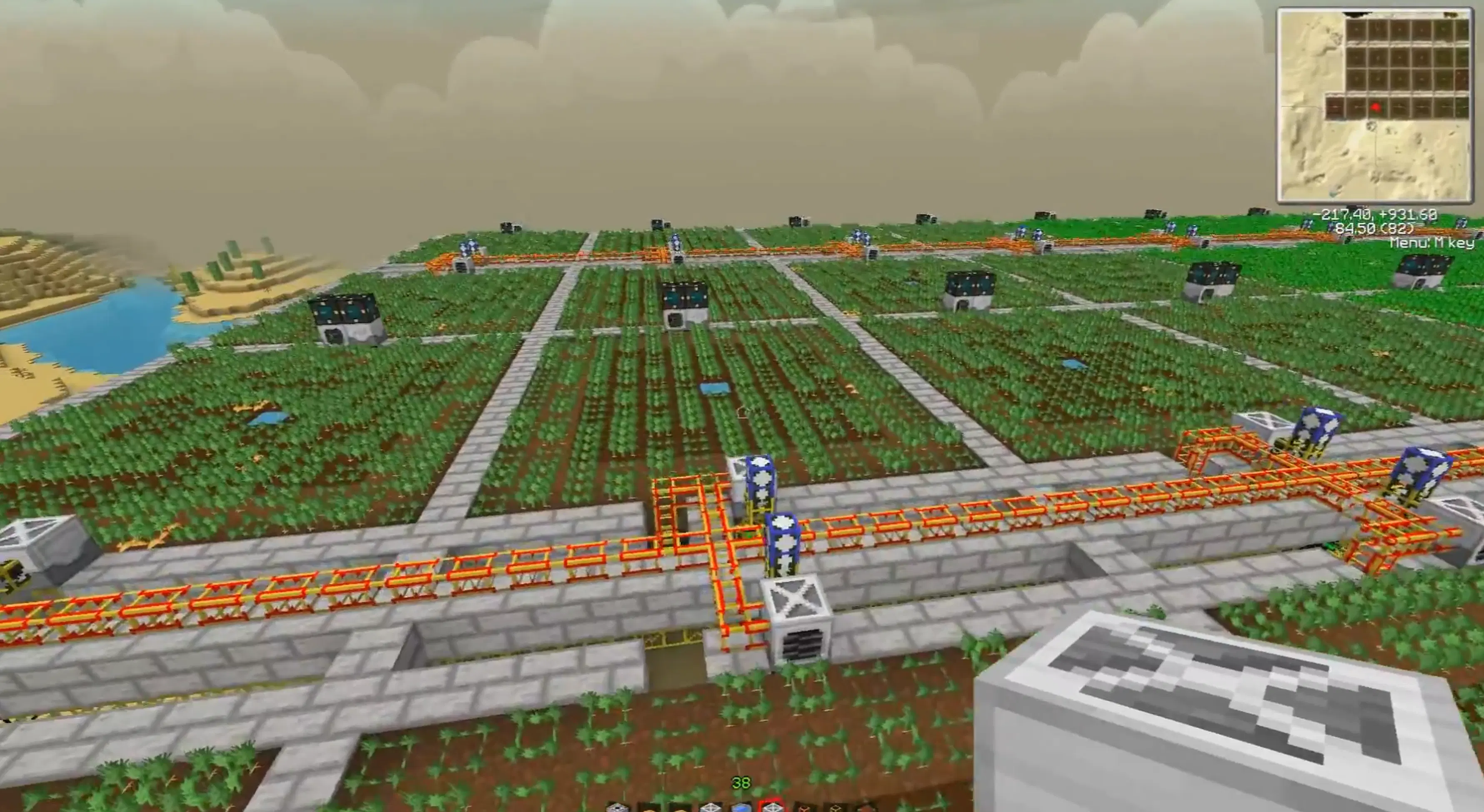 A large automated Tekkit farm in Minecraft — a grid of crop fields tended by machines, with red-and-orange energy conduits hauling the harvest off to storage