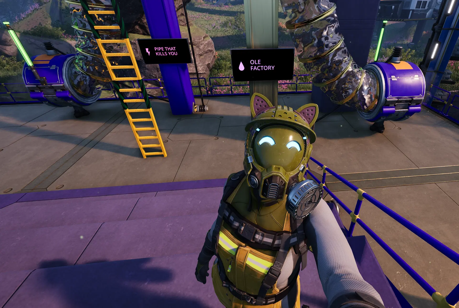 Satisfactory 1.2 selfie camera feature showing a factory with labeled transport tubes
