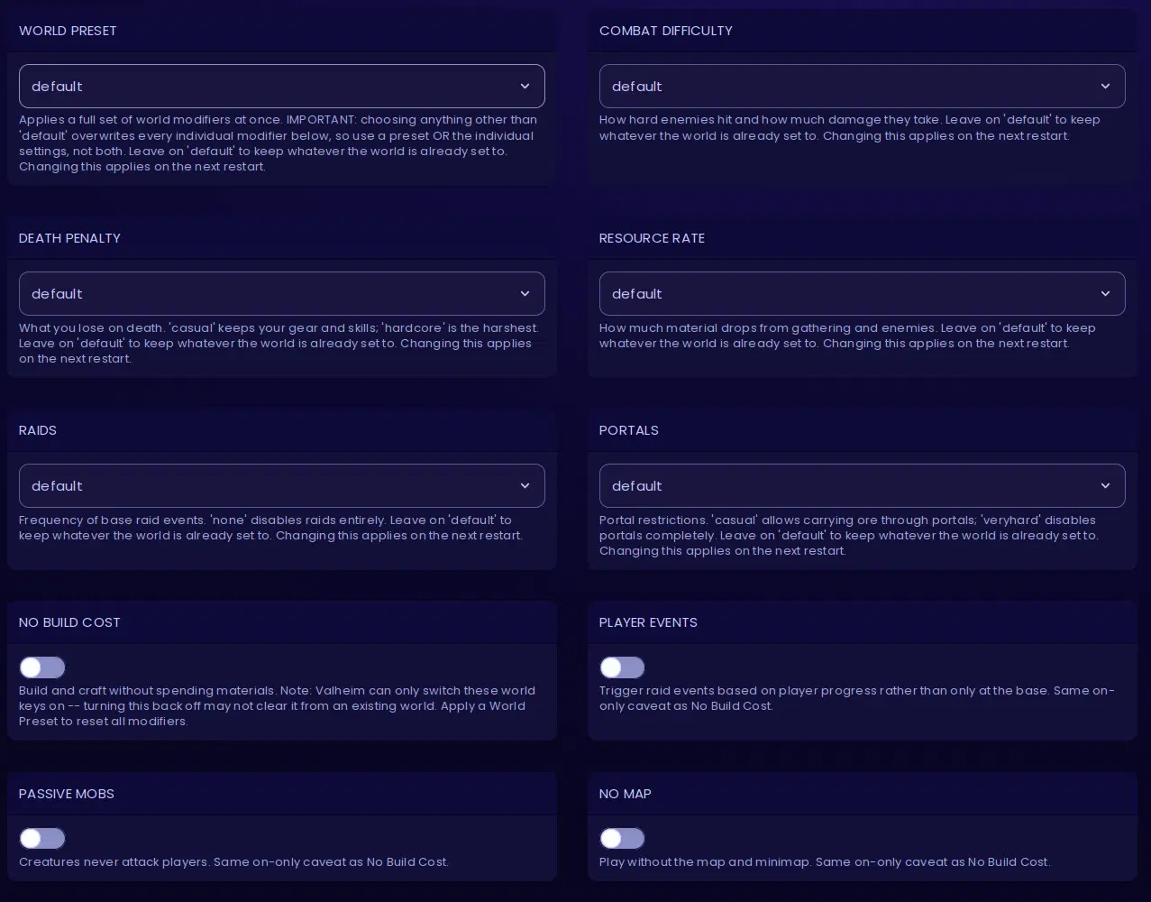 The new Valheim 1.0 world settings in the EVLBOX panel: dropdowns for World Preset, Combat Difficulty, Death Penalty, Resource Rate, Raids and Portals, and toggles for No Build Cost, Player Events, Passive Mobs and No Map.