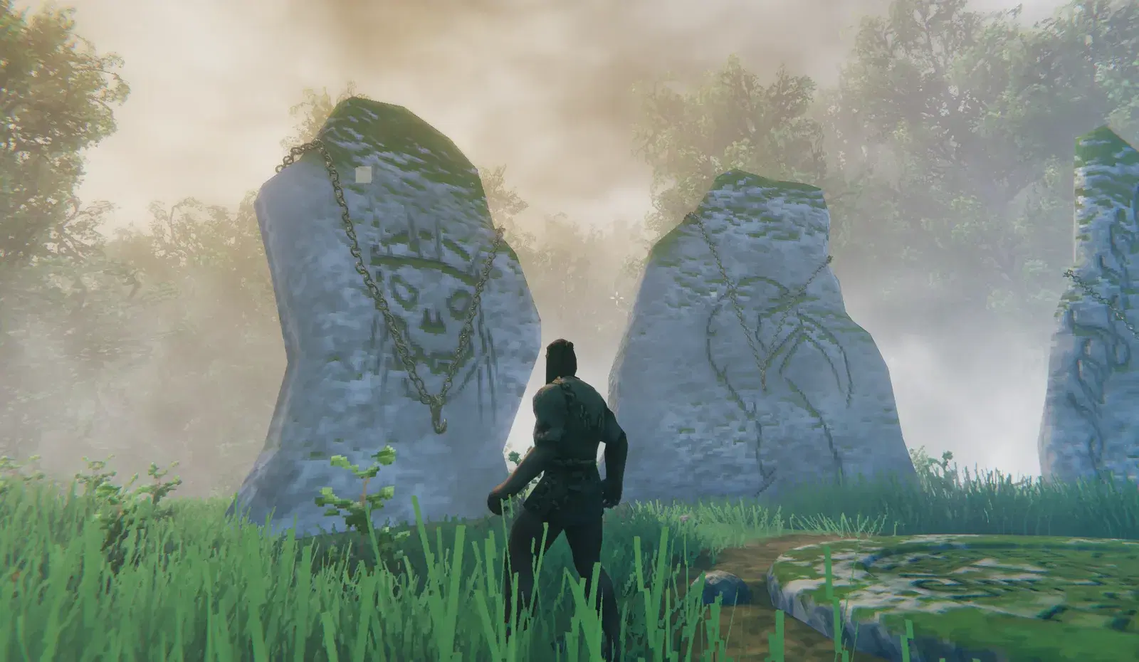 A lone Viking watching the dawn break over carved standing stones in Valheim.