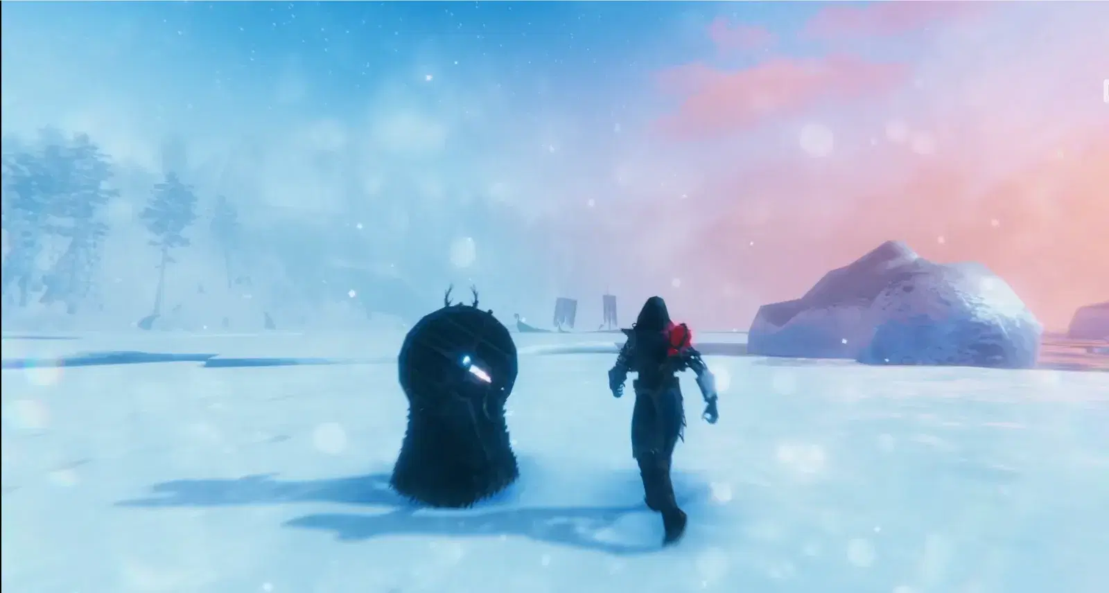 Valheim Deep North snowfield with longships on the icy shore