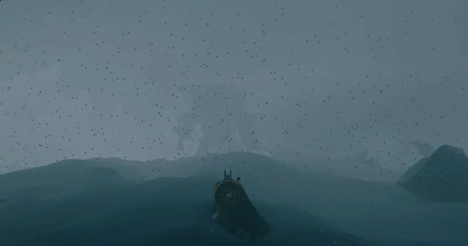 Sailing into a Deep North snowstorm in Valheim, with a large figure in the fog