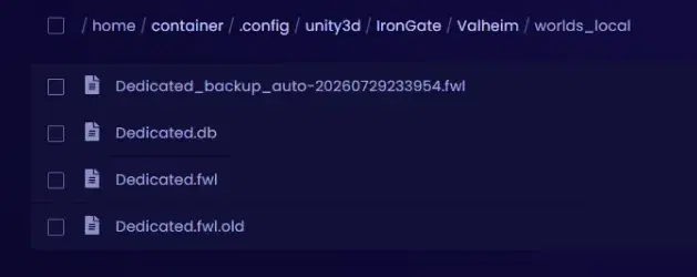 Valheim world database files — Dedicated.db and Dedicated.fwl paired together in the file manager