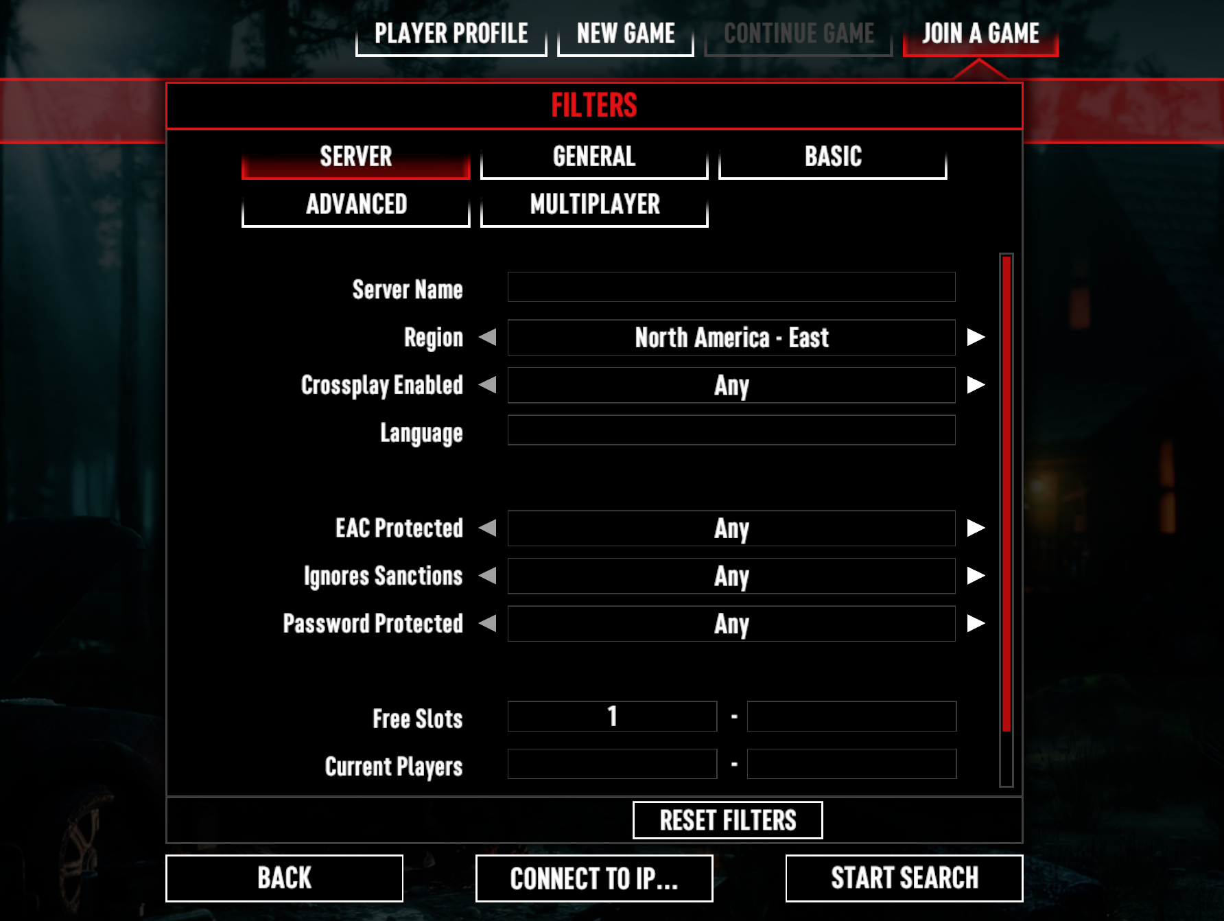 7 Days to Die Join a Game screen with a server name filter applied