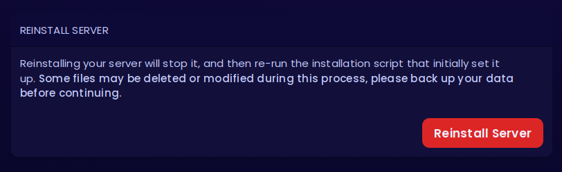 Reinstall Server panel on the Settings tab