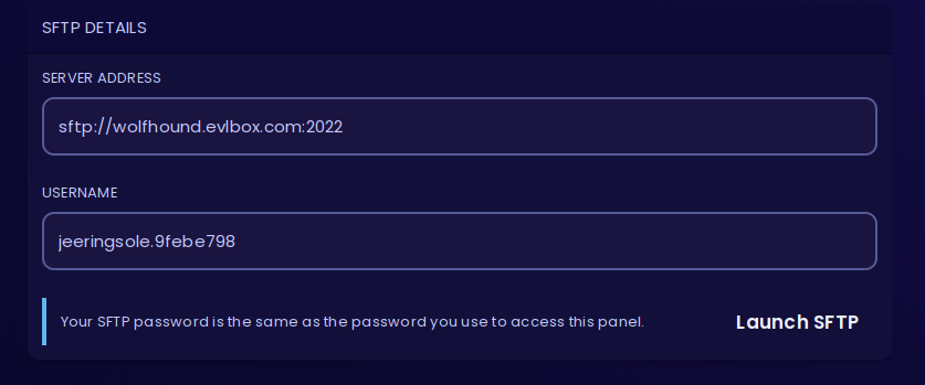 Nitro Panel SFTP details showing the server address on port 2022 and the username