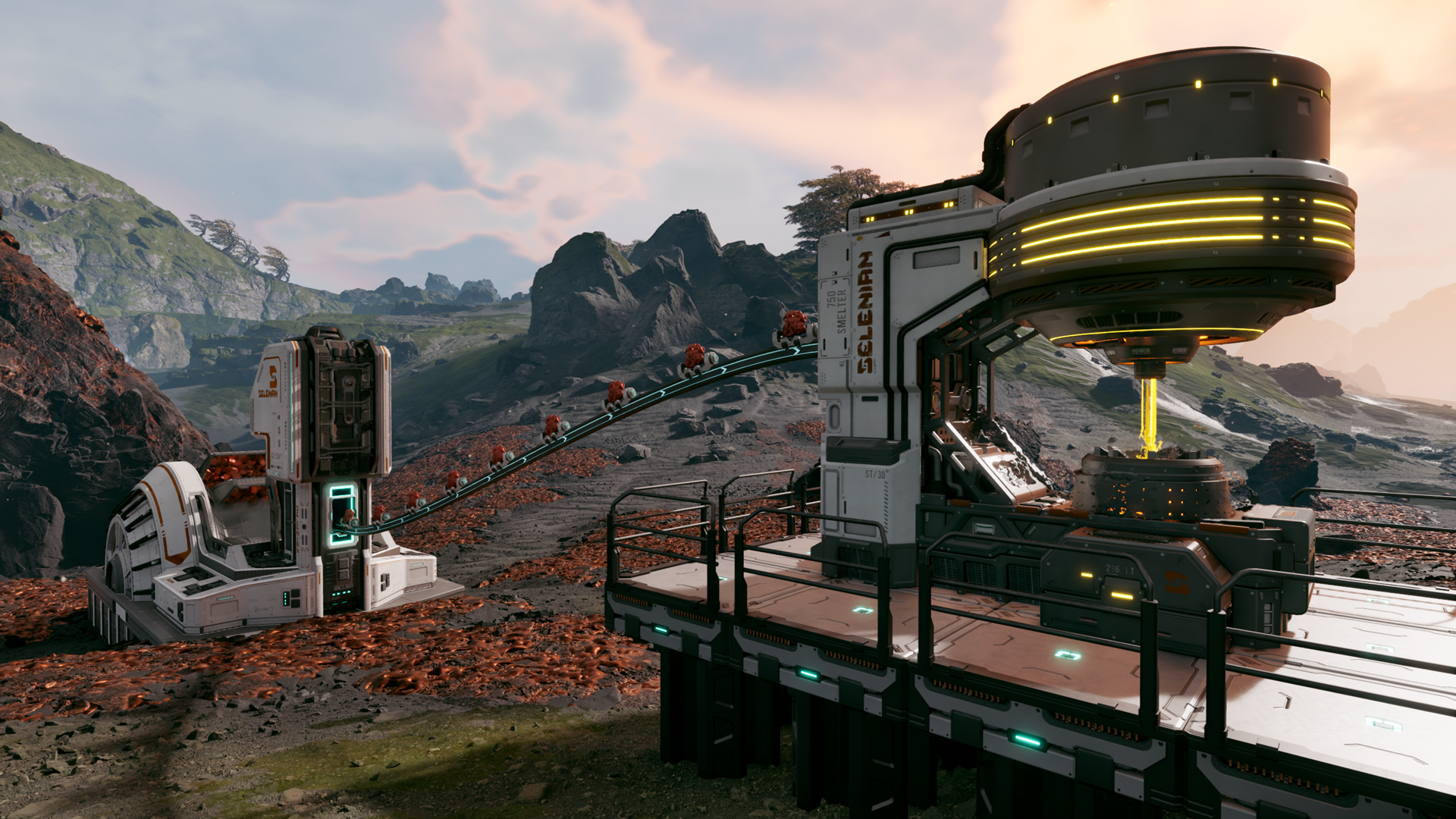 Industrial machines and a conveyor on a rocky StarRupture landscape