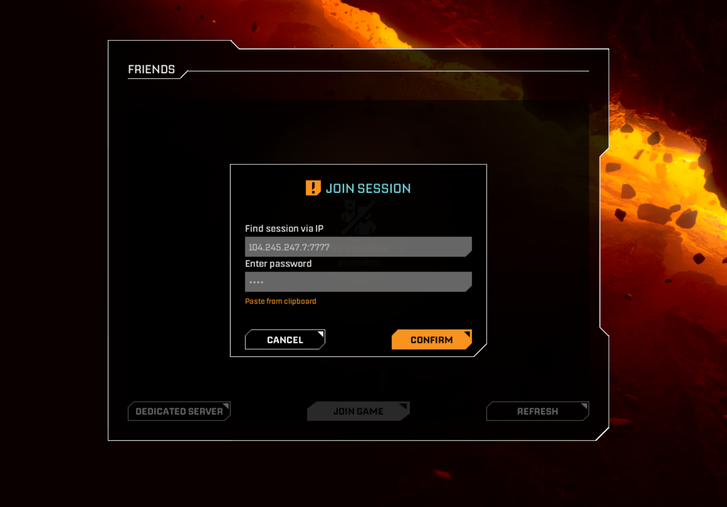 The in-game Join Session form with an example IP and password field