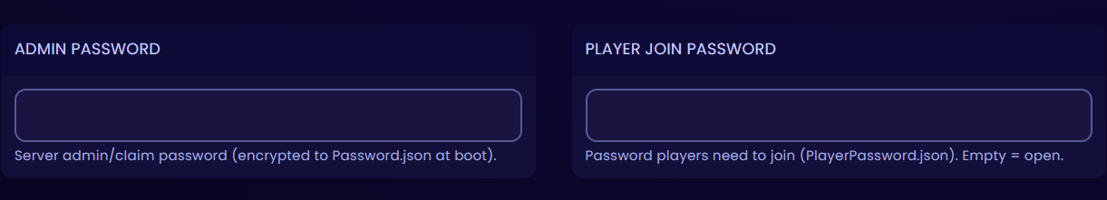 Admin Password and Player Join Password fields in the Nitro panel