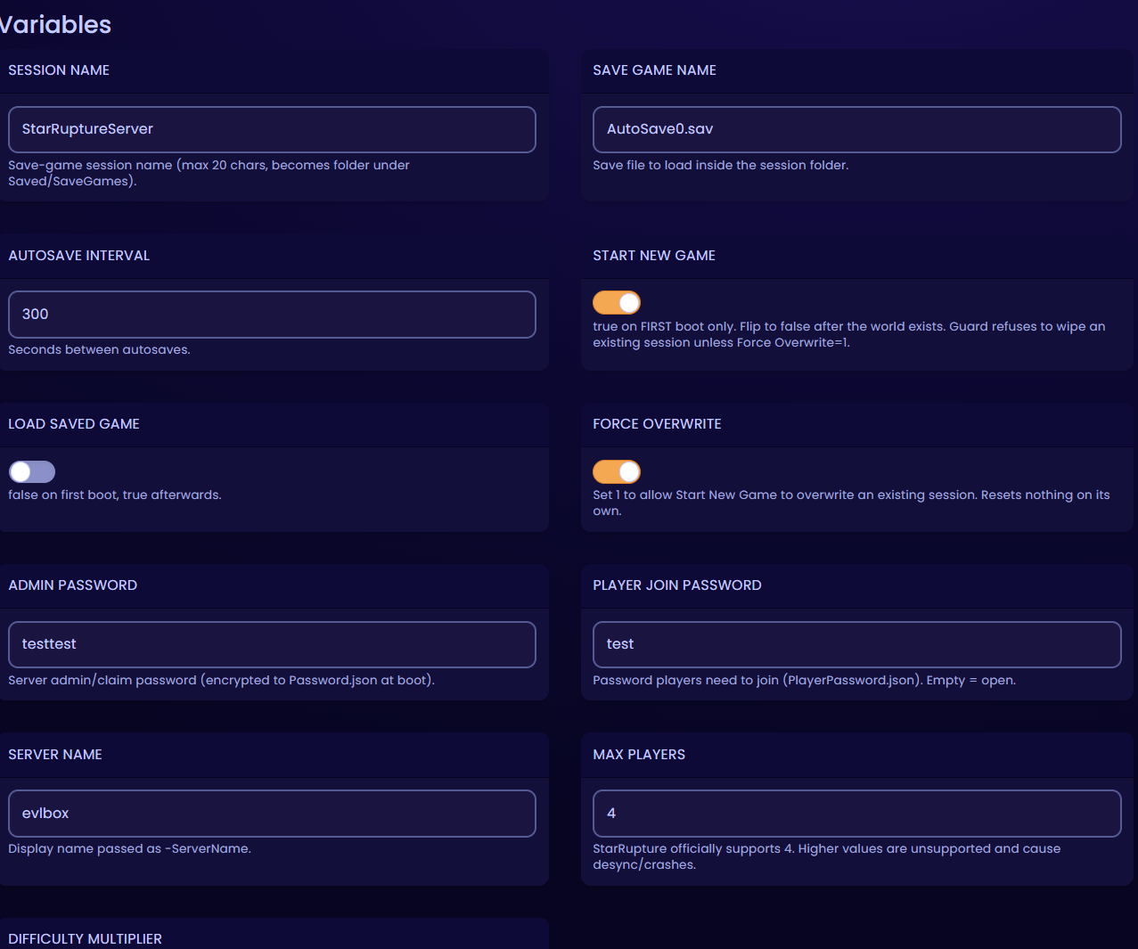 Nitro Startup variables showing session, save and password fields, with Force Overwrite enabled for a reset example