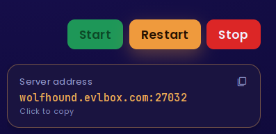 Nitro Panel console showing the Server address below the Start, Restart and Stop buttons