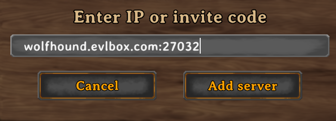 Valheim Enter IP or invite code box with a server address pasted in