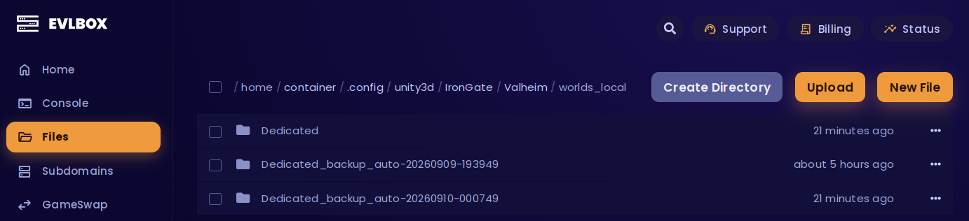 Nitro Panel file manager showing the worlds_local folder with a world folder and its automatic backups