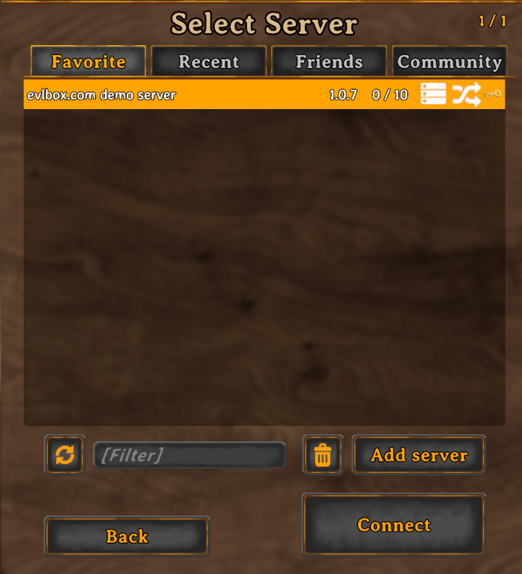 Valheim Select Server screen with the server listed and the Connect button