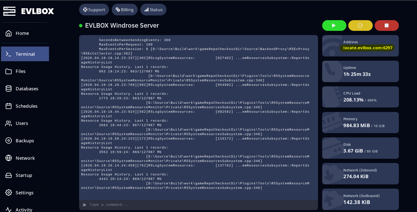 Nitro panel Terminal page with the Address card at the top right