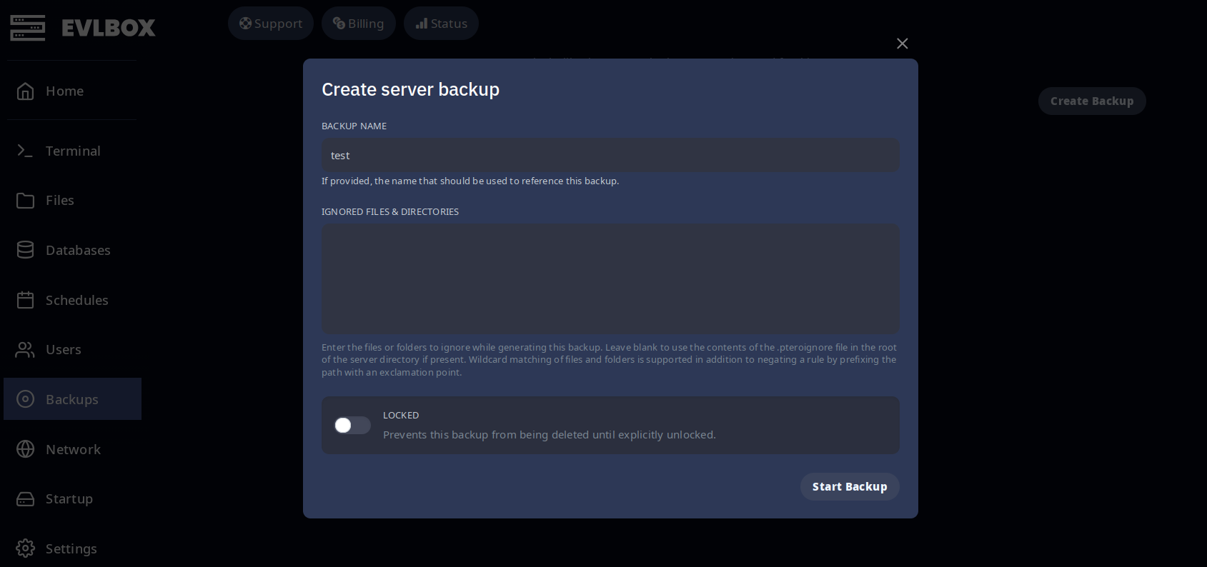 Nitro panel Backups tab with the Create Backup dialog