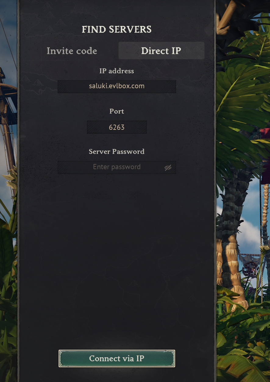 Windrose FIND SERVERS panel on the Direct IP tab with hostname, port, and password fields