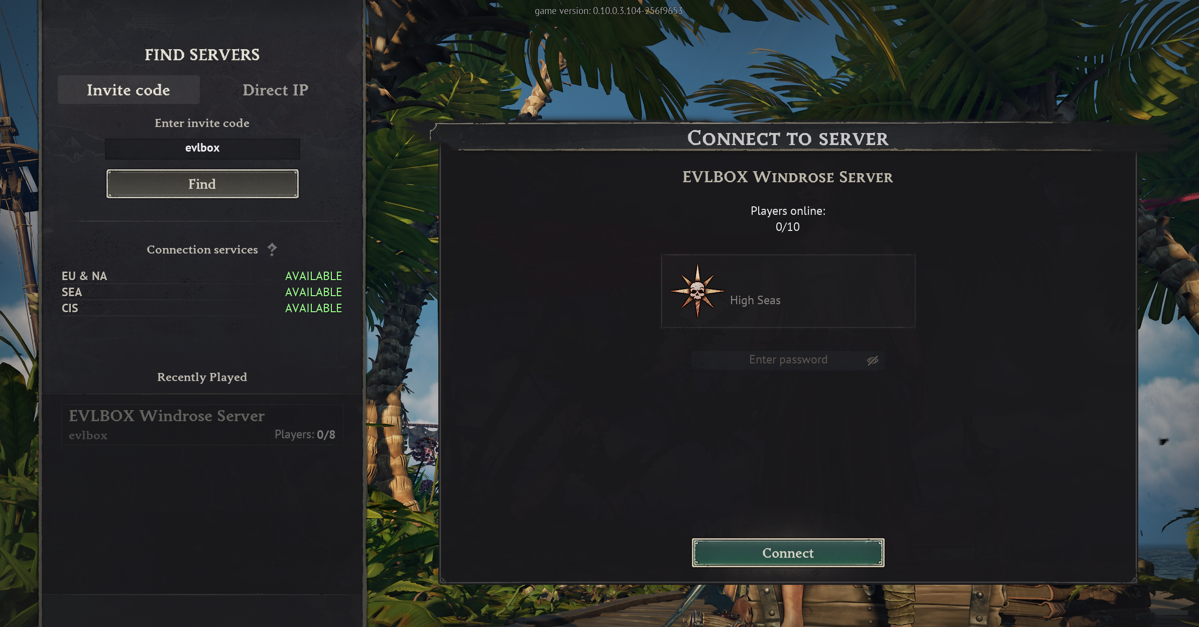 Windrose FIND SERVERS panel with an invite code entered and the CONNECT TO SERVER dialog