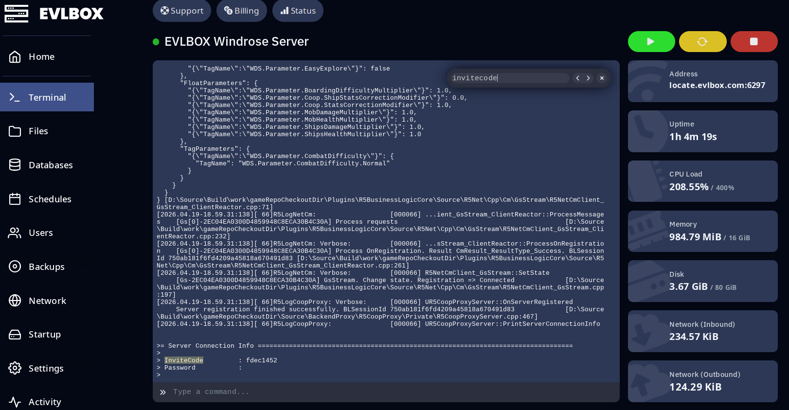 Console output showing the auto-generated invite code