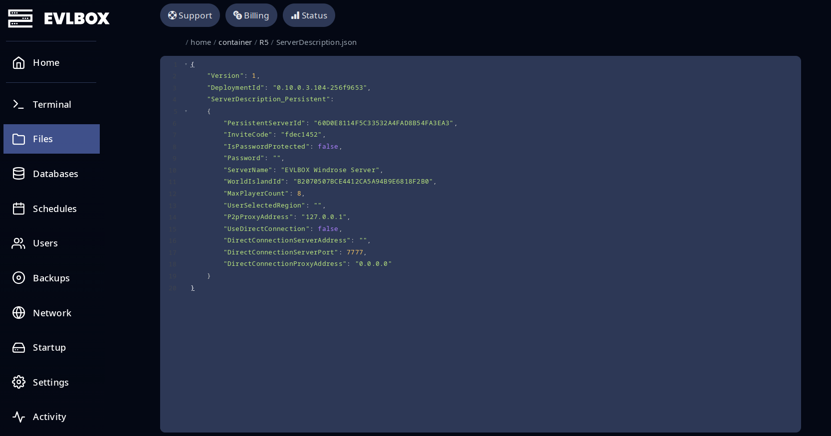 Nitro panel Files tab editing ServerDescription.json