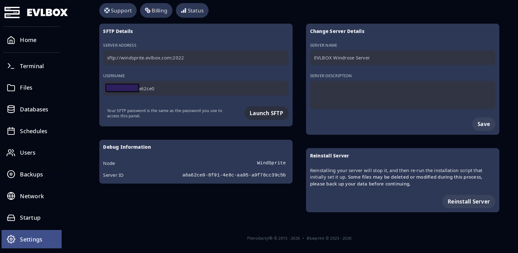 Nitro panel Settings page showing SFTP details