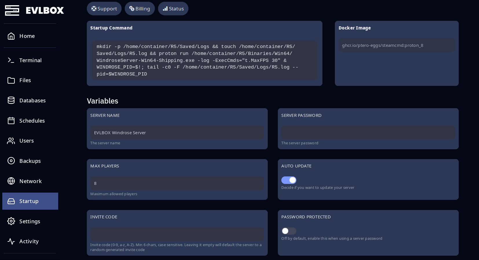 Nitro panel Startup tab with the Invite code field