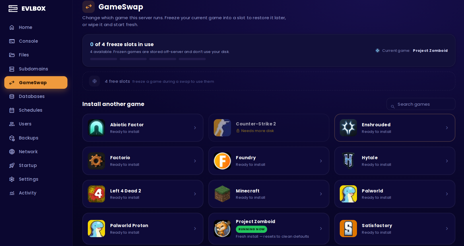 GameSwap catalog with Project Zomboid marked RUNNING NOW