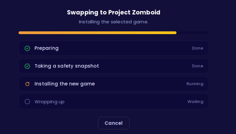 GameSwap progress screen showing the install phases