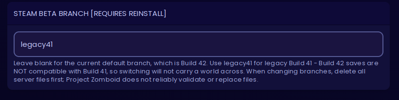 Nitro Panel Startup tab showing the Steam Beta Branch field set to legacy41