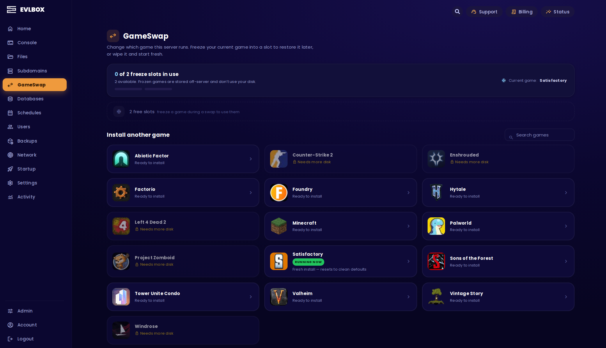 The GameSwap page in the EVLBOX Nitro Panel