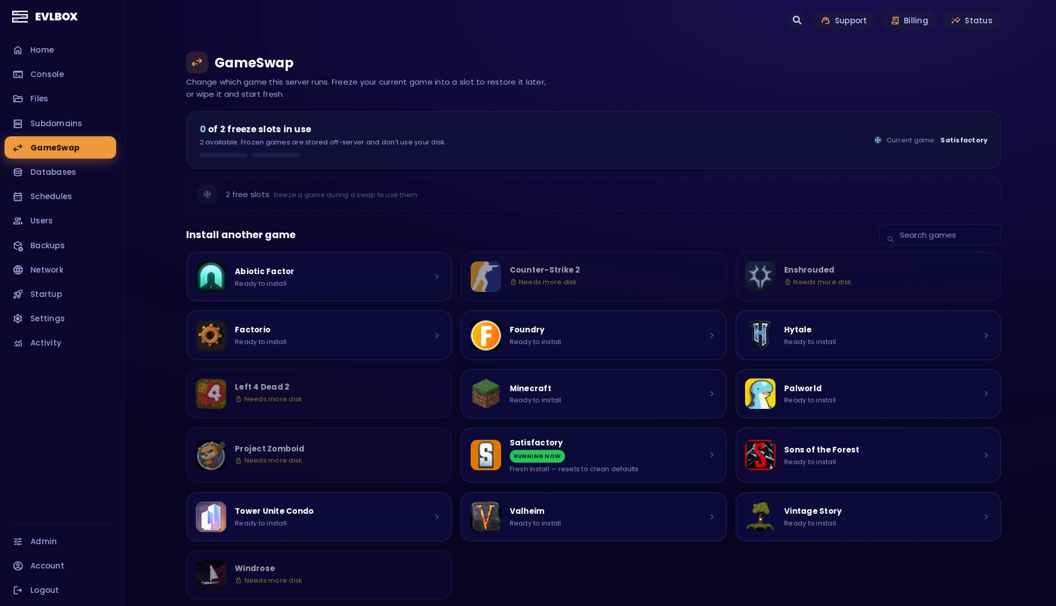 The GameSwap page in the EVLBOX Nitro Panel